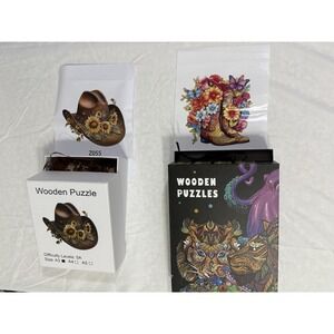 LOT OF 2 WOODEN PUZZELS, COWBOY HAT, BOOTS,FLOWERS, COMPLETE UNIQUE BRAIN TEASER